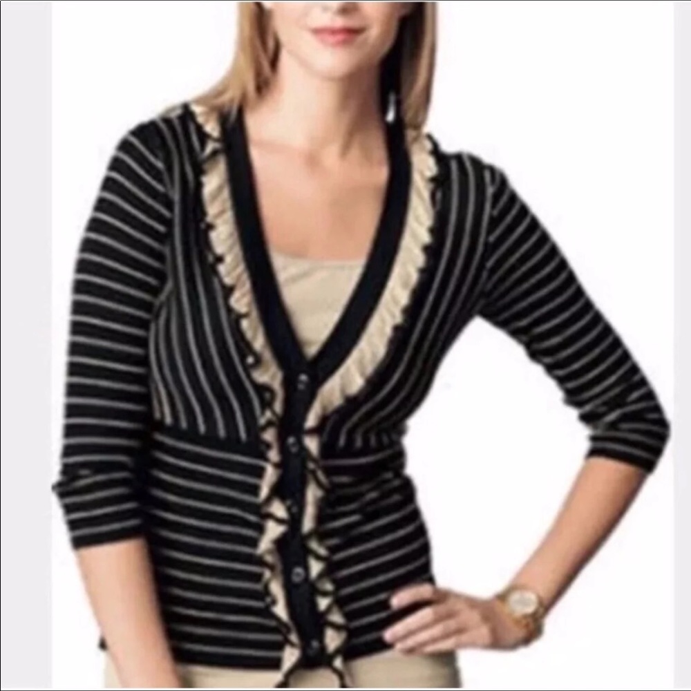 CAbi cotton button up striped ruffled sweater